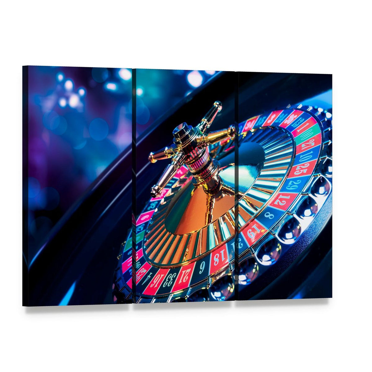 Casino Roulette Canvas Wall Art, 3 panel 3 Horizontal layout gallery wrapped canvas set, angled product view