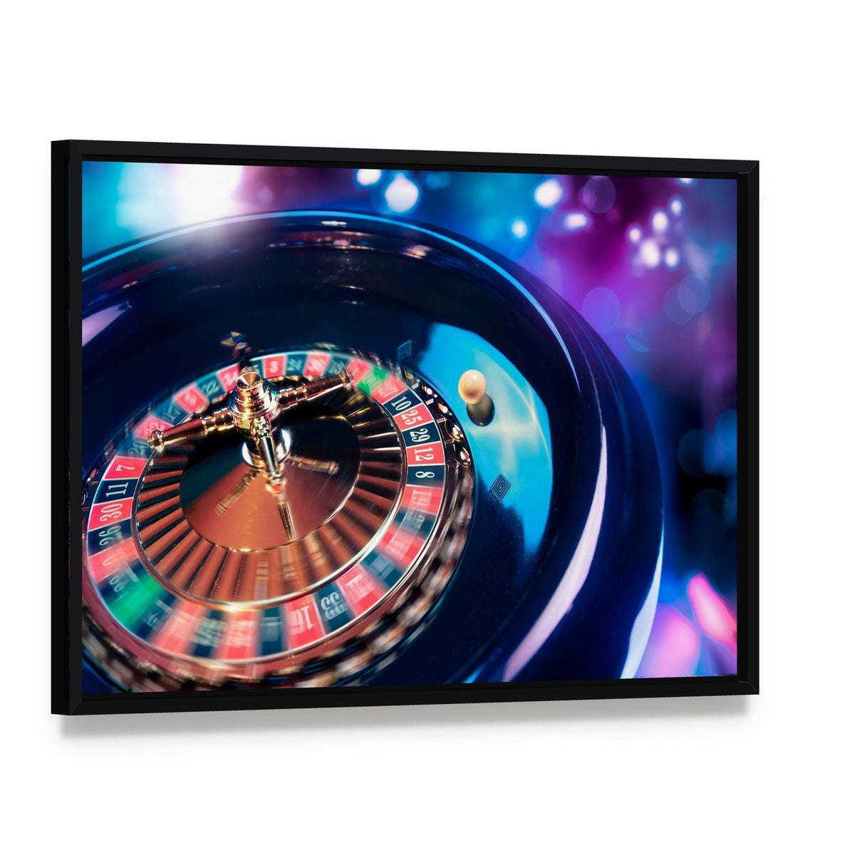 Casino Roulette in Motion Canvas Wall Art, framed canvas in a black floater frame, angled product view