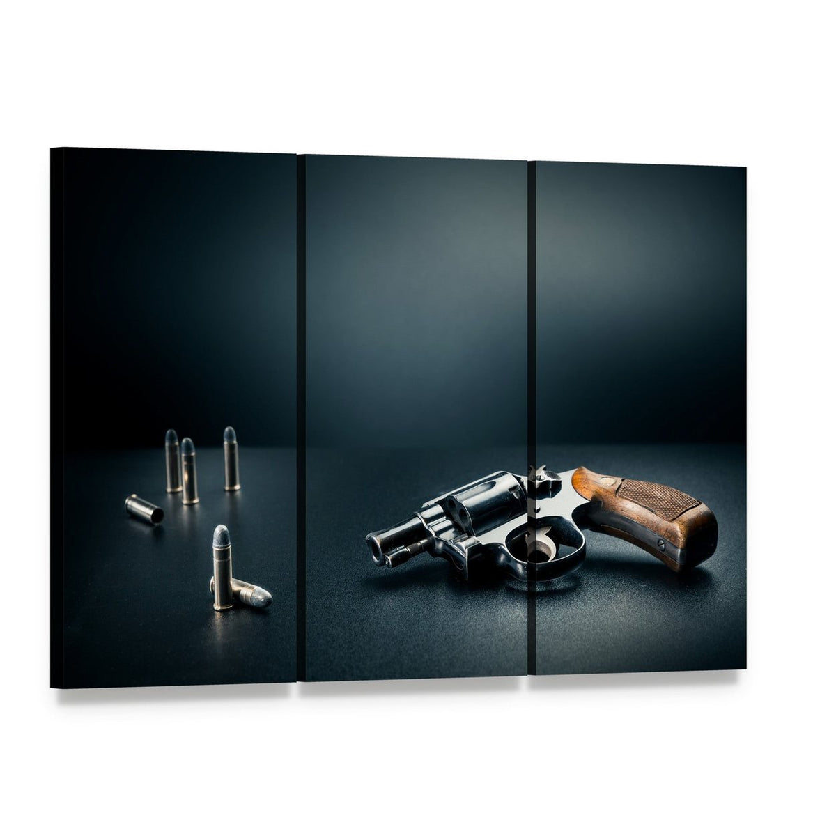 Gun with Bullet Shells Canvas Wall Art, 3 panel 3 Horizontal layout gallery wrapped canvas set, angled product view