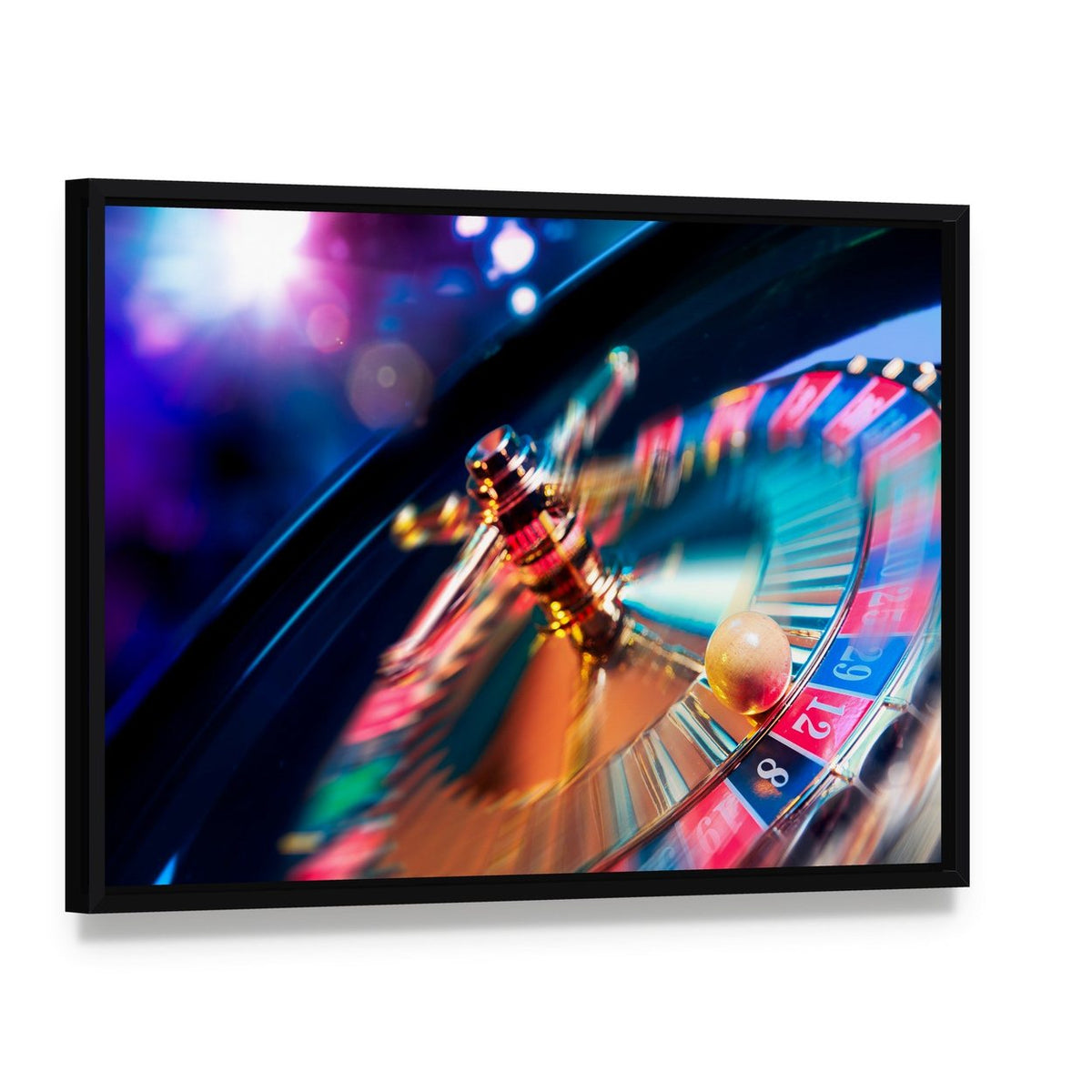 Casino Wheel in Motion Canvas Wall Art, framed canvas in a black floater frame, angled product view