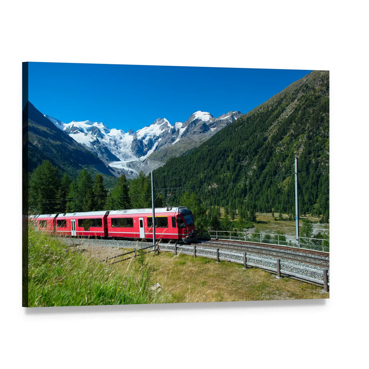 Bernina Express Red Passenger Train Canvas Wall Art, single panel gallery wrapped canvas, angled product view