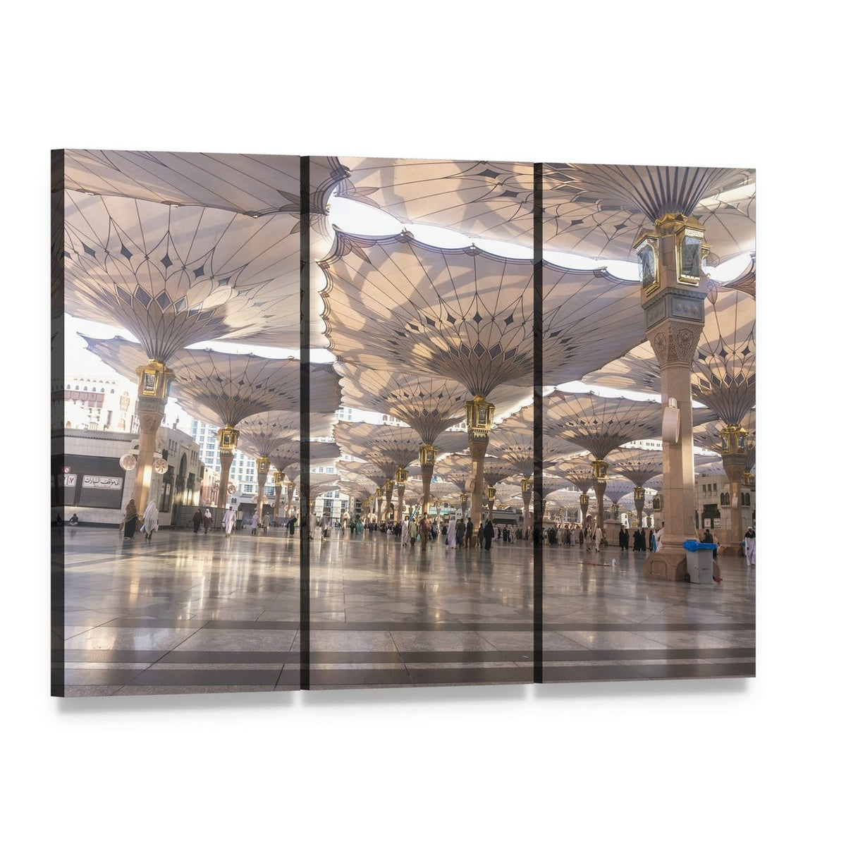 Umbrellas at Nabawi Mosque in Medina Canvas Wall Art, 3 panel 3 Horizontal layout gallery wrapped canvas set, angled product view