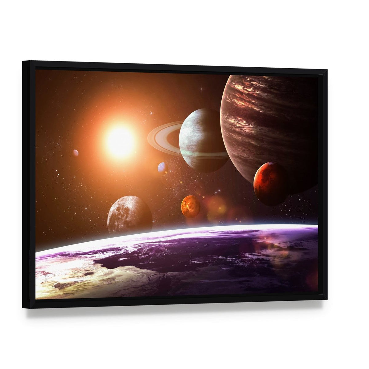 Solar System Canvas Wall Art, framed canvas in a black floater frame, angled product view