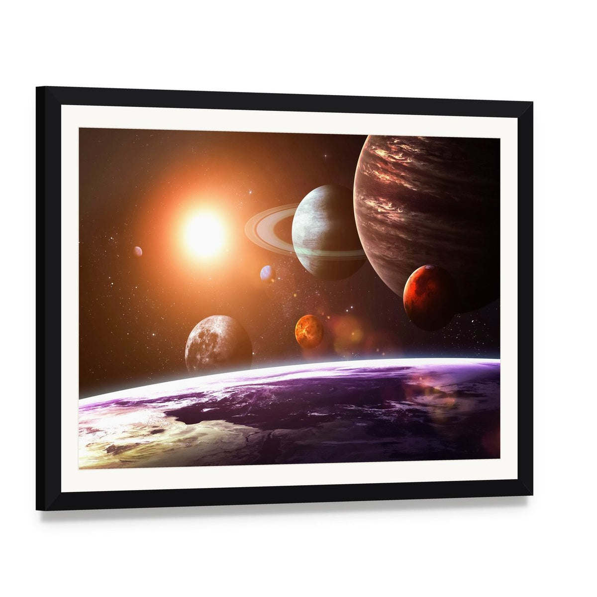 Solar System Canvas Wall Art, framed print with white mat and black frame, angled product view