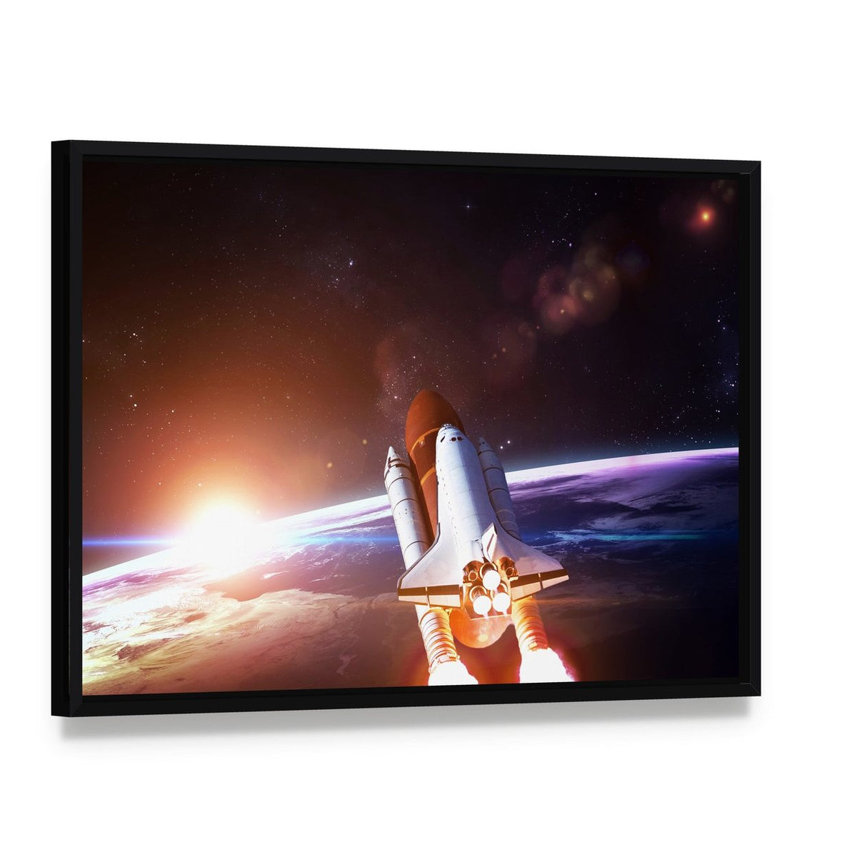 Space Shuttle Taking Off on a Mission Canvas Wall Art, framed canvas in a black floater frame, angled product view