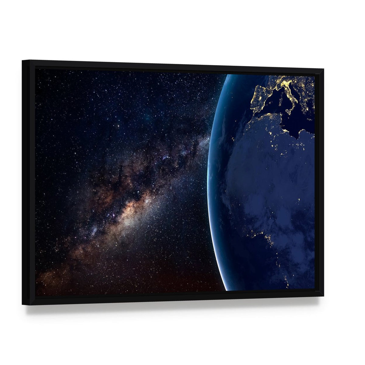Planet Earth and Milky Way at Night Canvas Wall Art, framed canvas in a black floater frame, angled product view