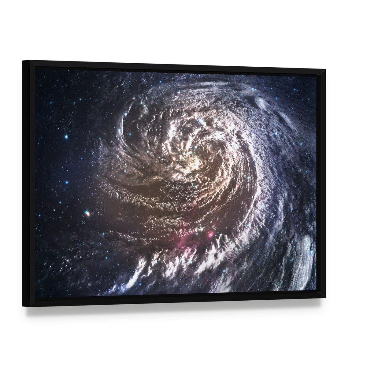 Spiral Galaxy in Deep Space Canvas Wall Art, framed canvas in a black floater frame, angled product view