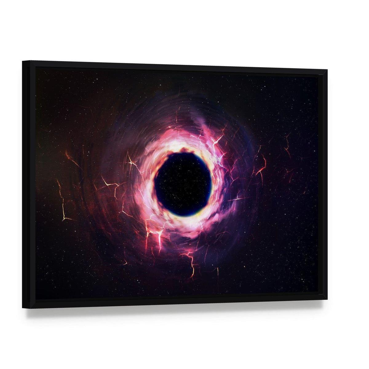 Black Hole Illustration Canvas Wall Art, framed canvas in a black floater frame, angled product view