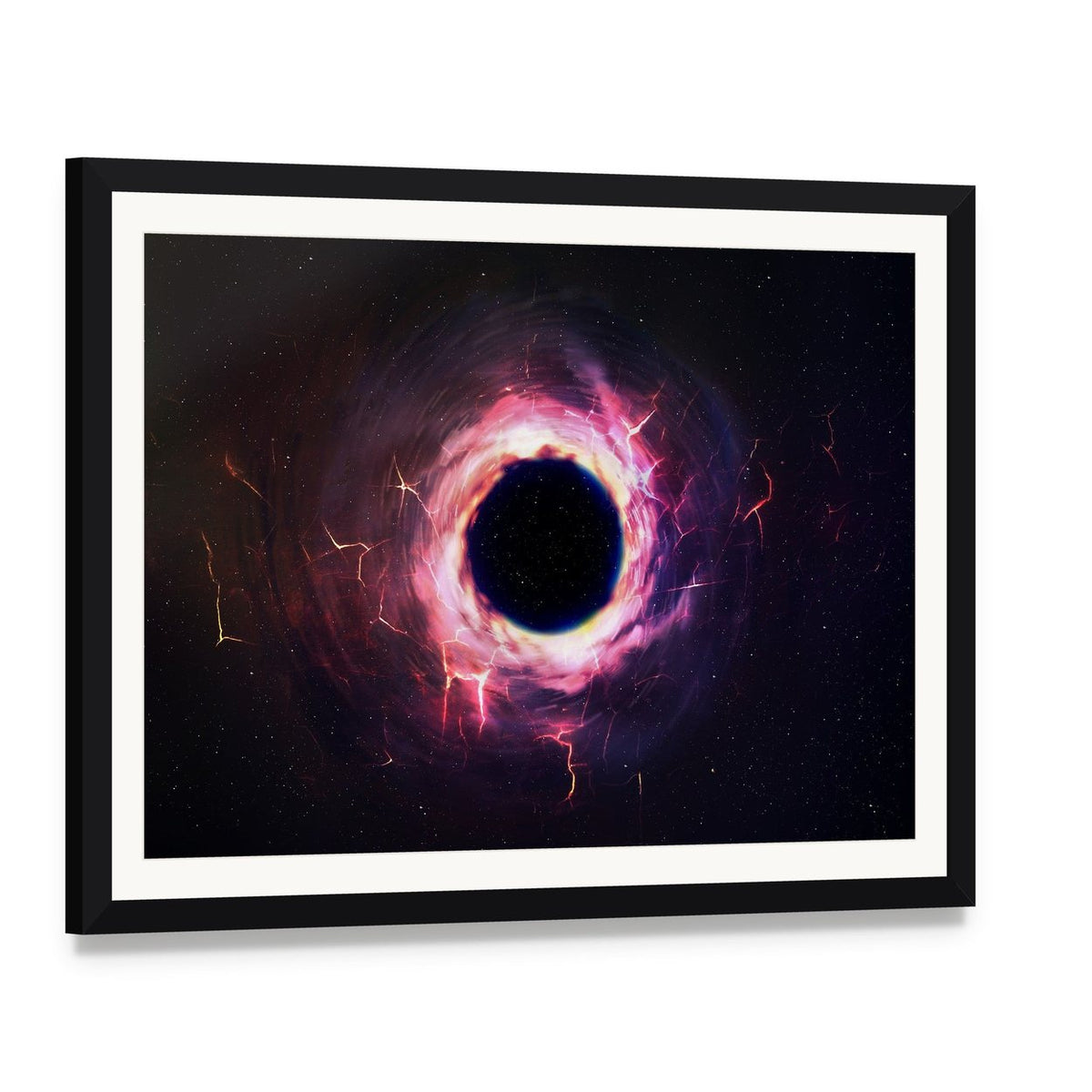 Black Hole Illustration Canvas Wall Art, framed print with white mat and black frame, angled product view