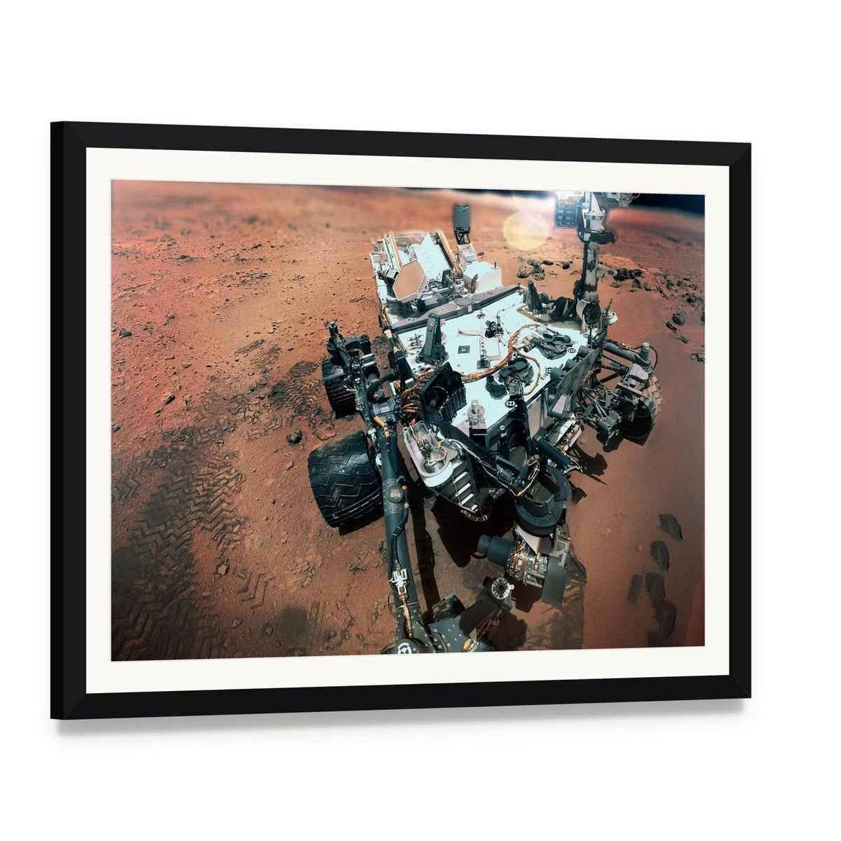 Rover on Mars Surface Canvas Wall Art, framed print with white mat and black frame, angled product view