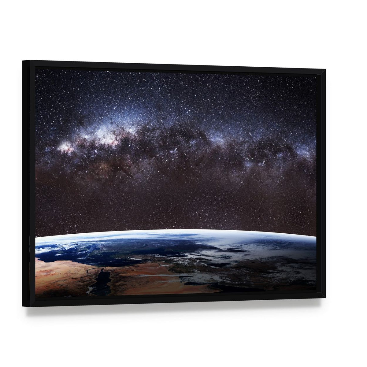 Planet Earth and Milky Way Canvas Wall Art, framed canvas in a black floater frame, angled product view