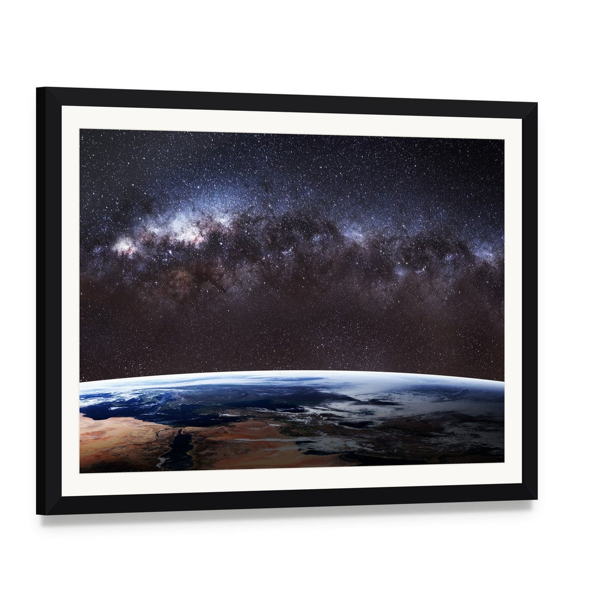 Planet Earth and Milky Way Canvas Wall Art, framed print with white mat and black frame, angled product view