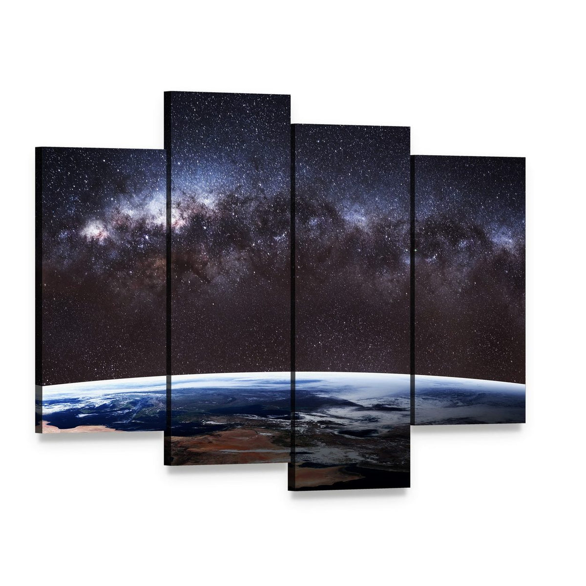 Planet Earth and Milky Way Canvas Wall Art, 4 panel 4 Pop layout gallery wrapped canvas set, angled product view