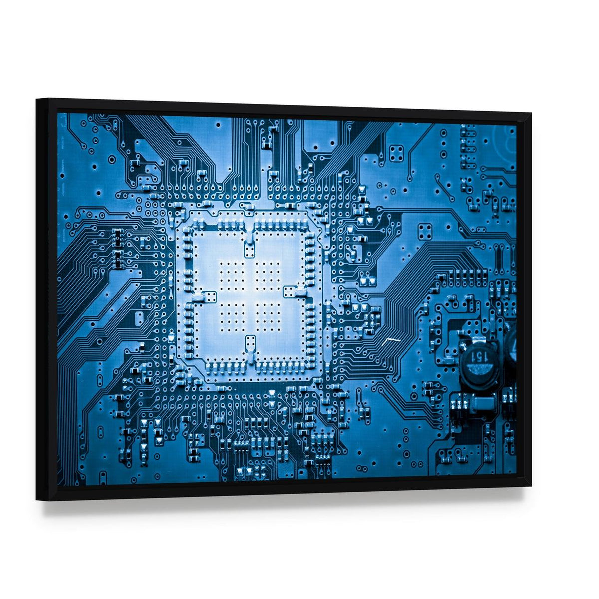Microscopic Circuit Board Canvas Wall Art, framed canvas in a black floater frame, angled product view