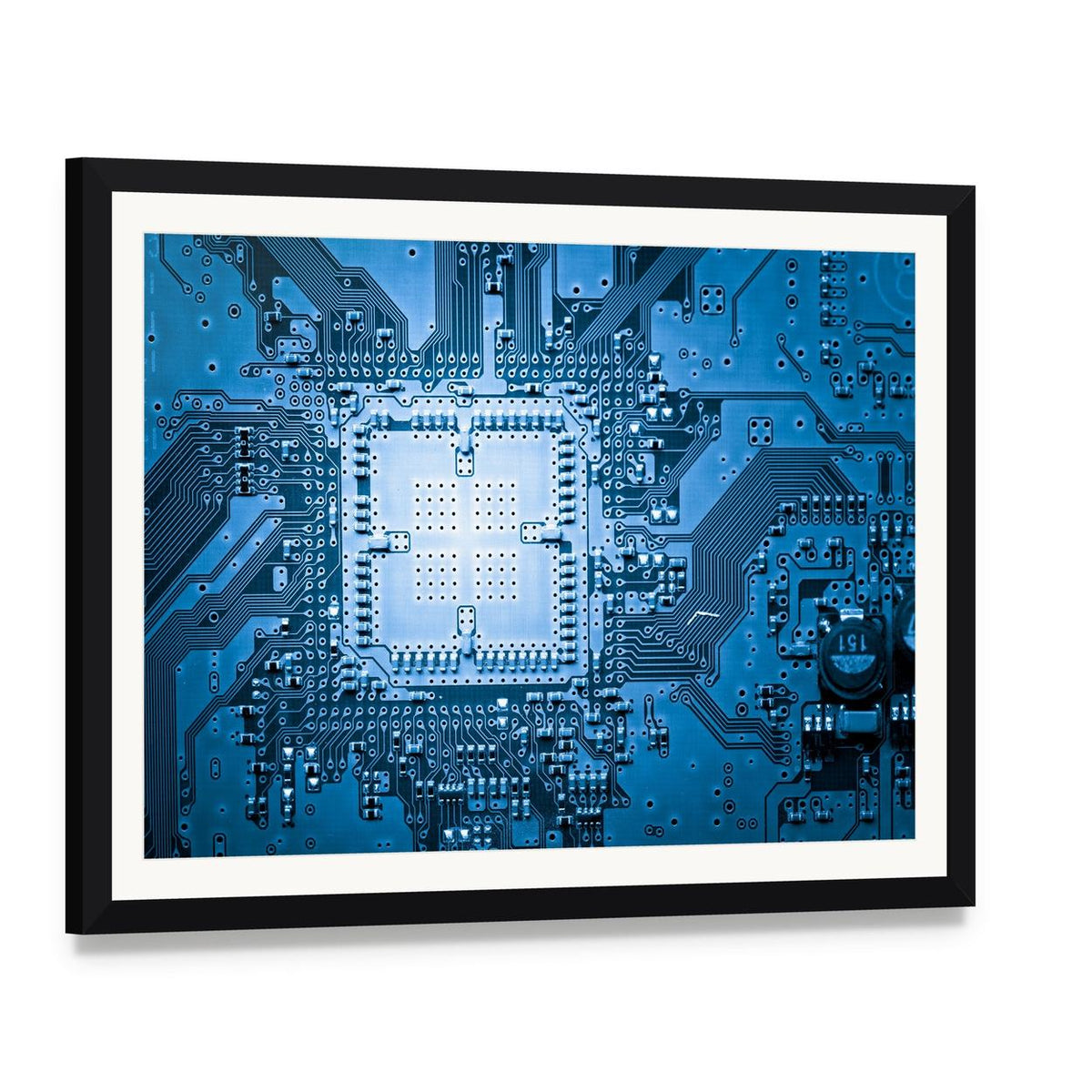 Microscopic Circuit Board Canvas Wall Art, framed print with white mat and black frame, angled product view