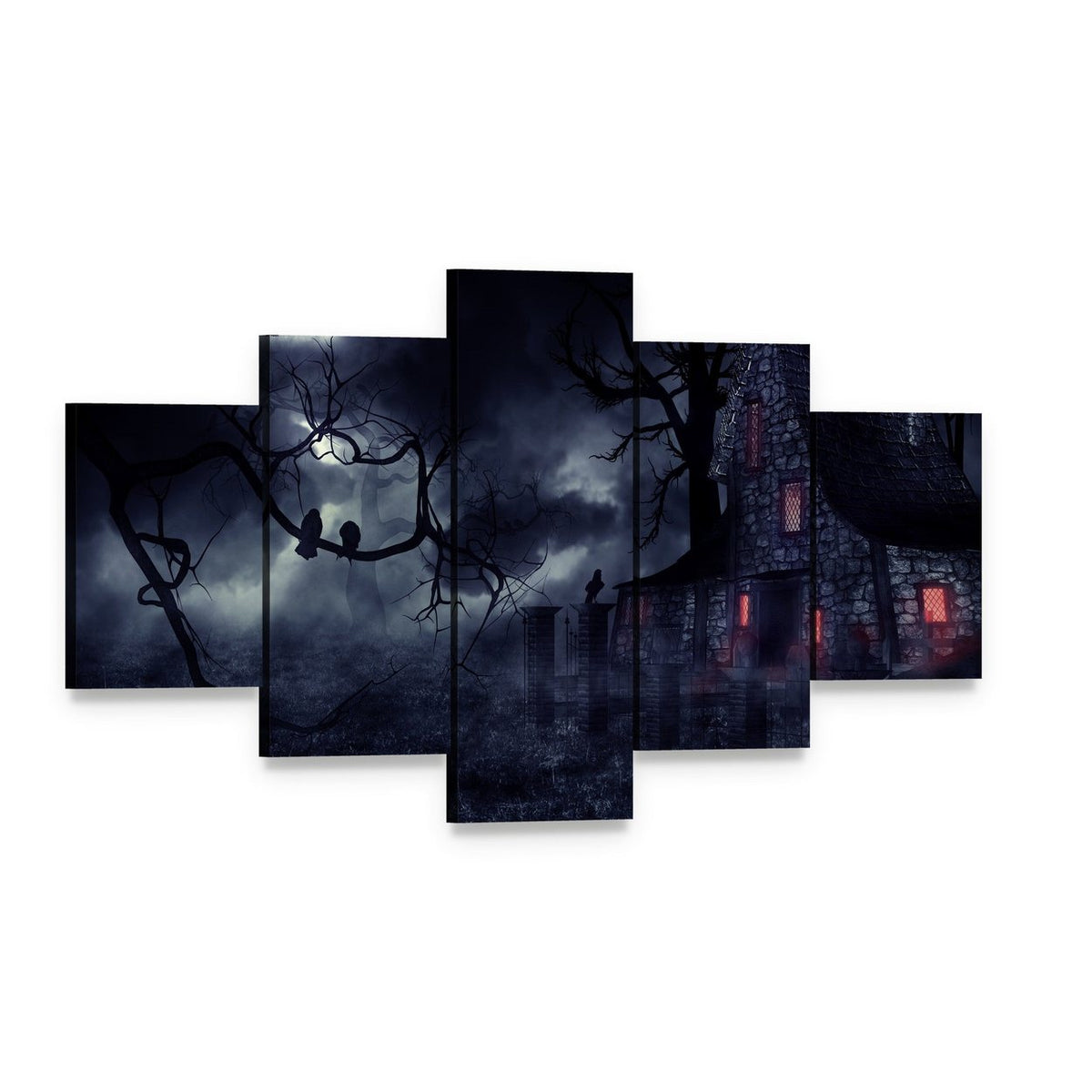 Dark Haunted House Canvas Wall Art, 5 panel 5 Star layout gallery wrapped canvas set, angled product view