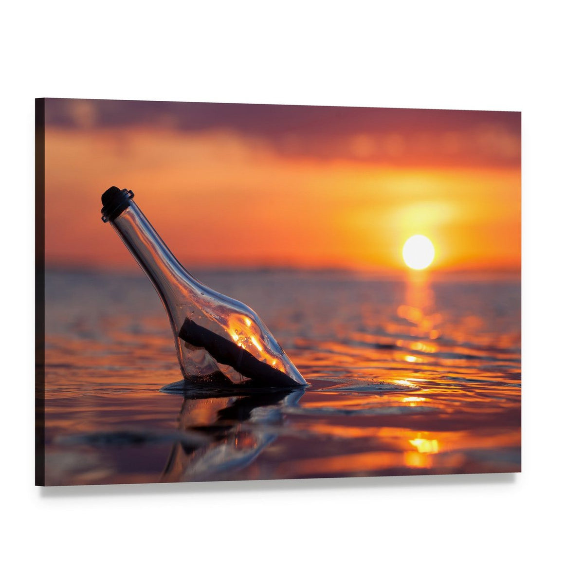 Message in a Bottle at Sunset Canvas Wall Art, single panel gallery wrapped canvas, angled product view