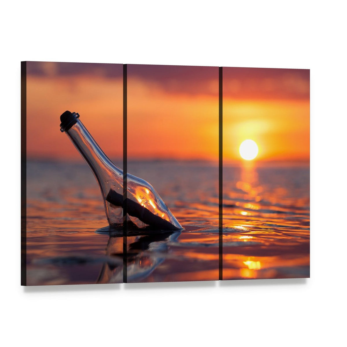 Message in a Bottle at Sunset Canvas Wall Art, 3 panel 3 Horizontal layout gallery wrapped canvas set, angled product view