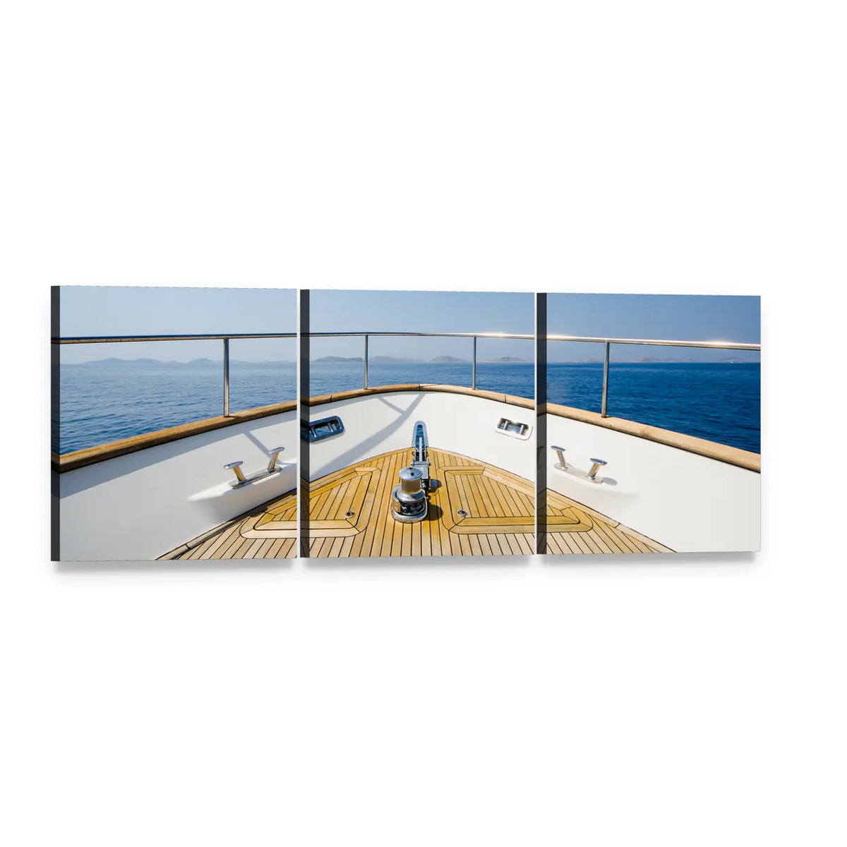 Yacht Bow with Teak Deck Panoramic Canvas Wall Art, 3 panel 3 Piece layout gallery wrapped canvas set, angled product view