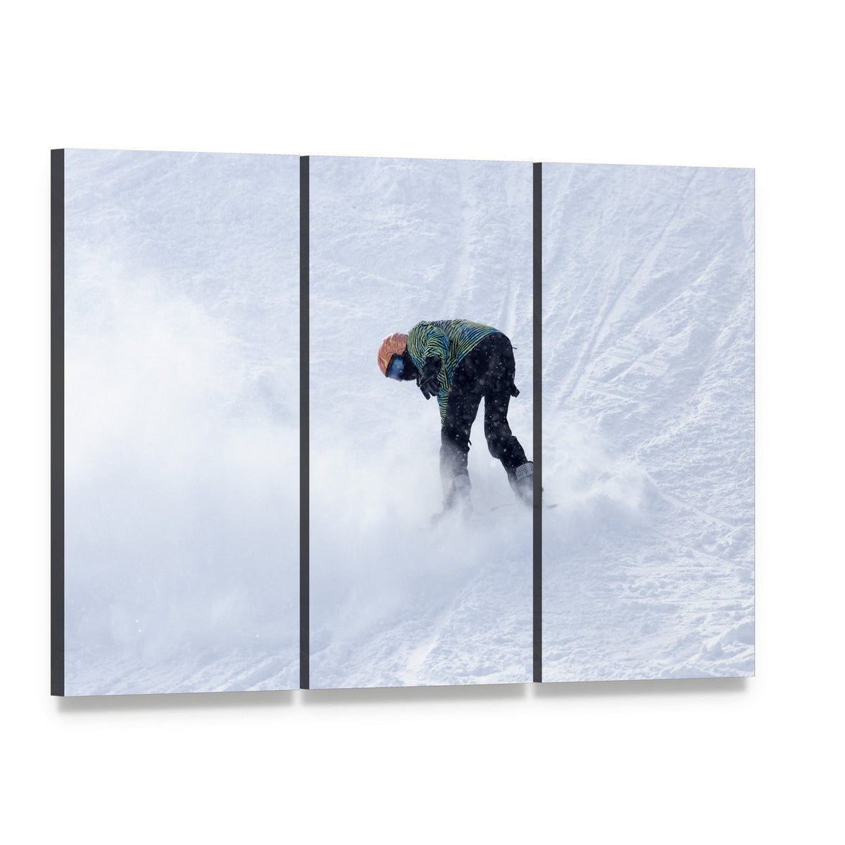 Snowboarder on Snow Canvas Wall Art, 3 panel 3 Horizontal layout gallery wrapped canvas set, angled product view