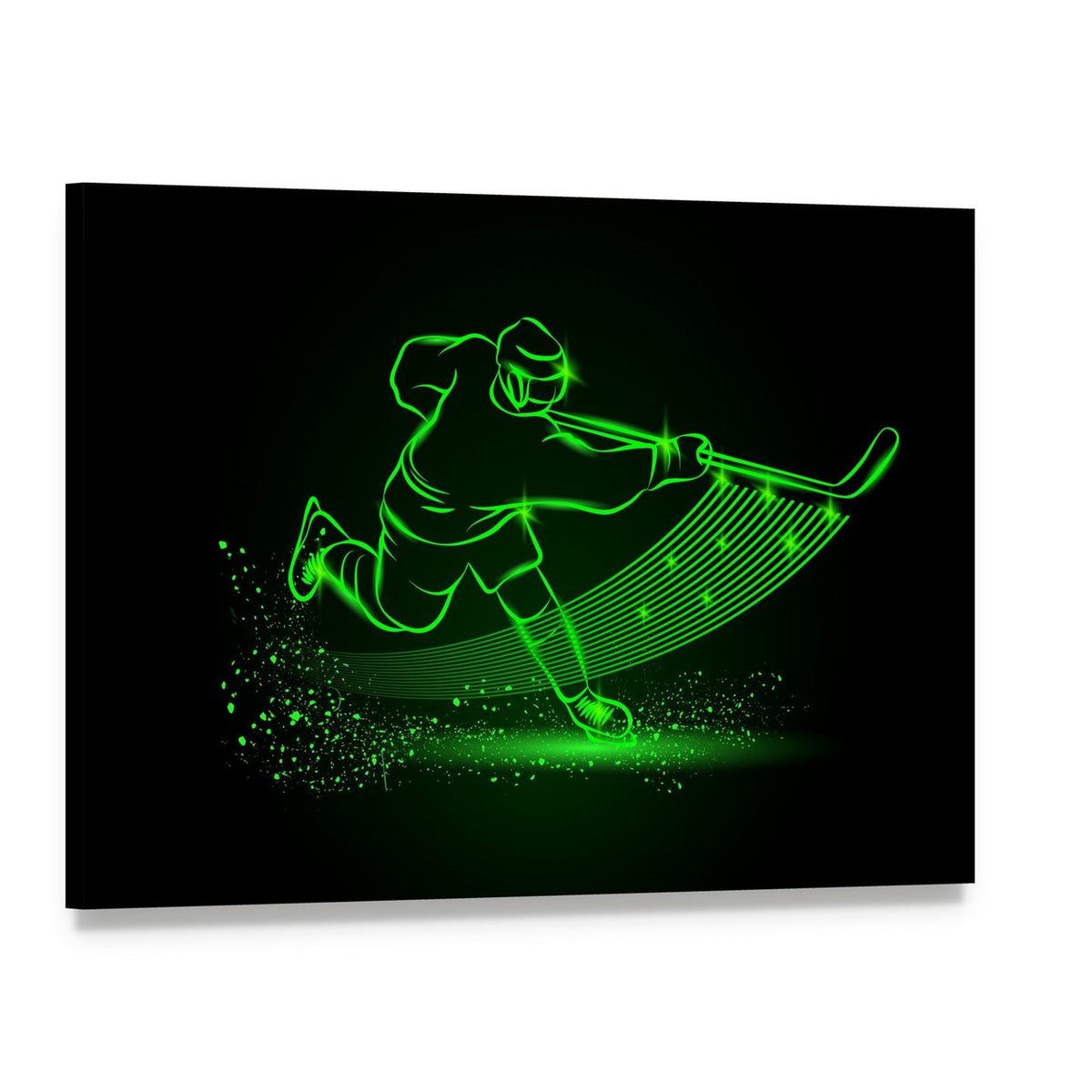 Neon Hockey Player in Motion Canvas Wall Art, single panel gallery wrapped canvas, angled product view