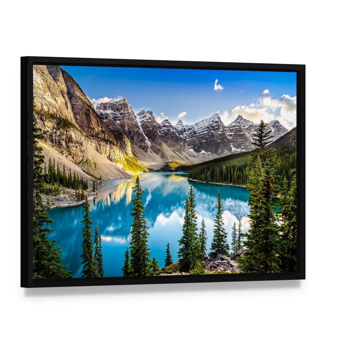 Moraine Lake Alberta Landscape Canvas Wall Art, framed canvas in a black floater frame, angled product view