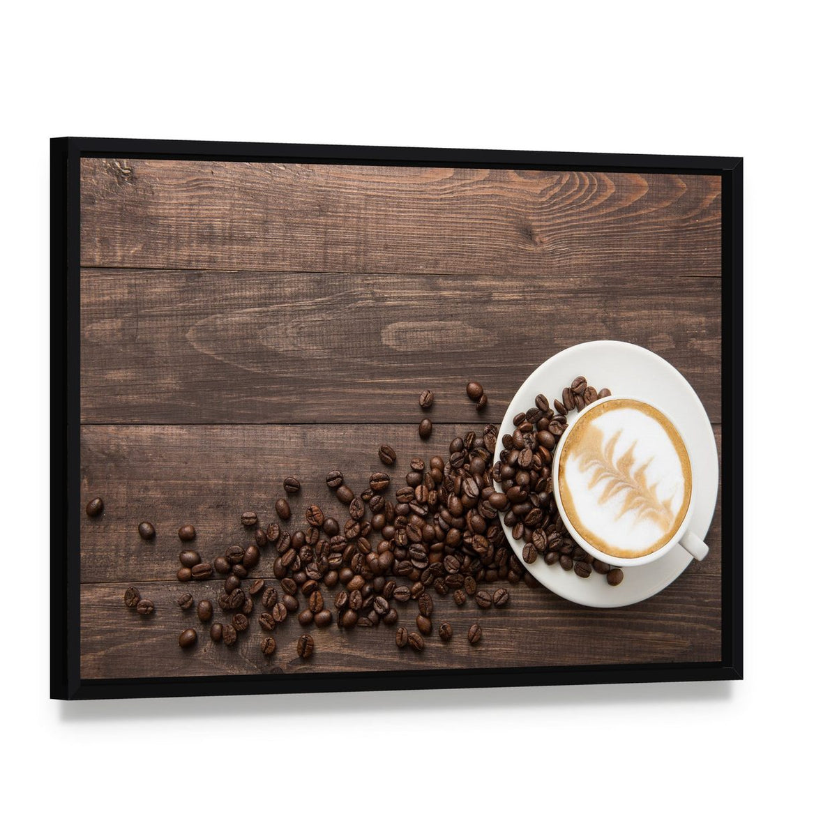 Coffee & Coffee Beans Canvas Wall Art, framed canvas in a black floater frame, angled product view