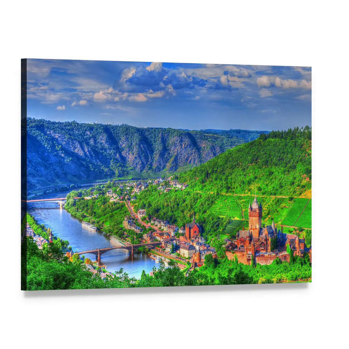 River Valley Town with Castle and Bridges Canvas Wall Art, single panel gallery wrapped canvas, angled product view