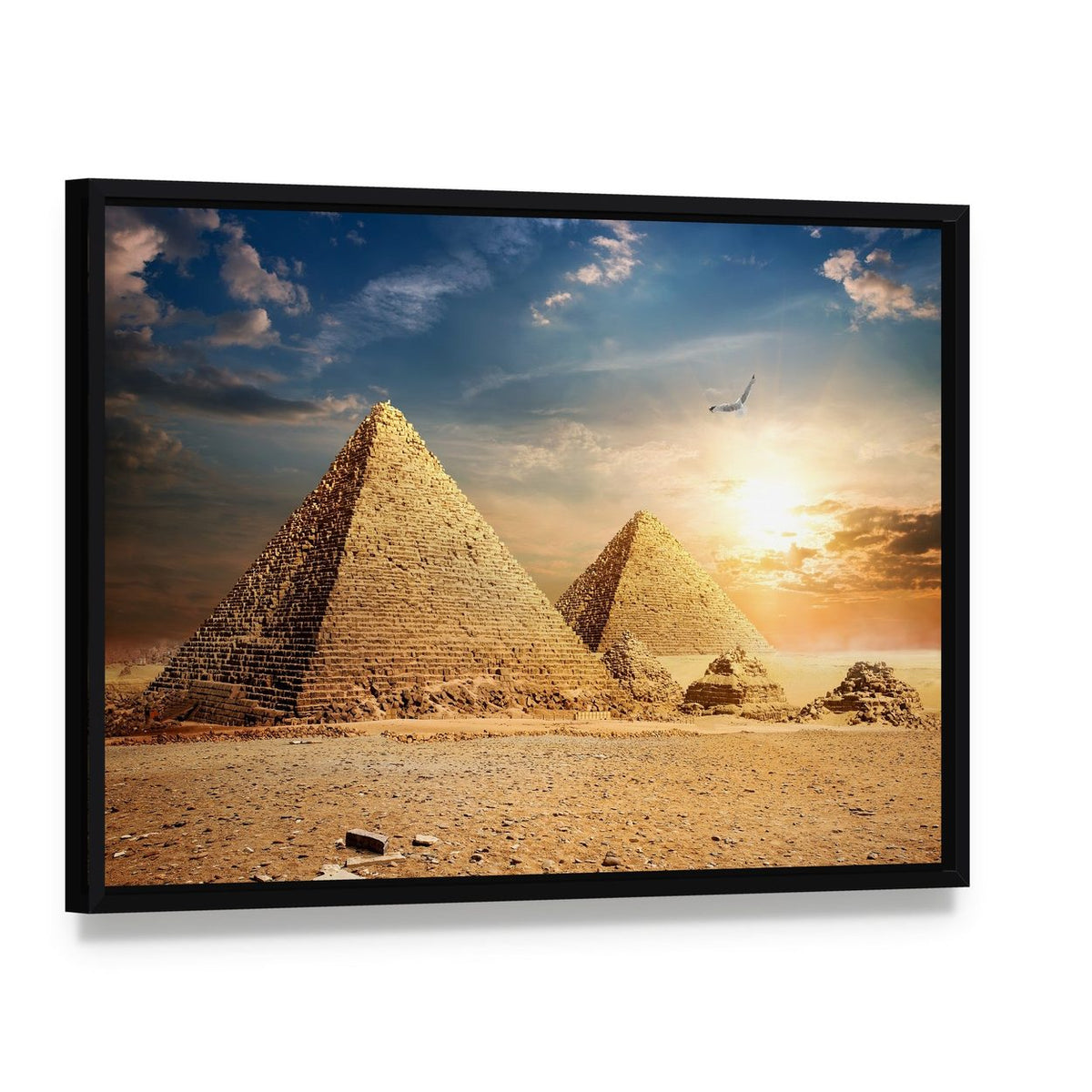 Pyramids at the Sunset Canvas Wall Art, framed canvas in a black floater frame, angled product view