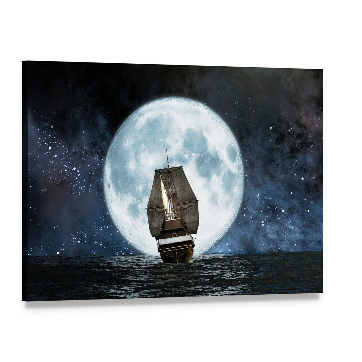 Boat in Full Moon Night Canvas Wall Art, single panel gallery wrapped canvas, angled product view