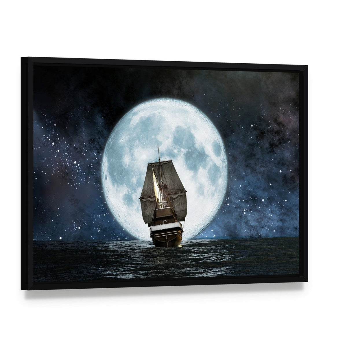 Boat in Full Moon Night Canvas Wall Art, framed canvas in a black floater frame, angled product view