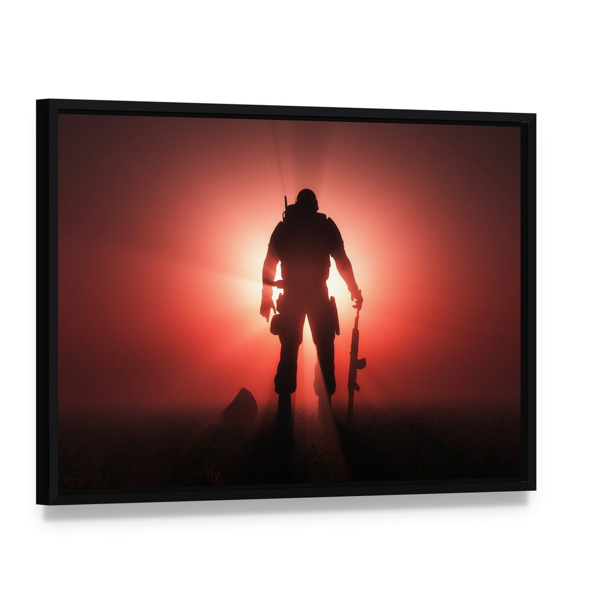 Soldier Silhouette at Sunrise Canvas Wall Art, framed canvas in a black floater frame, angled product view