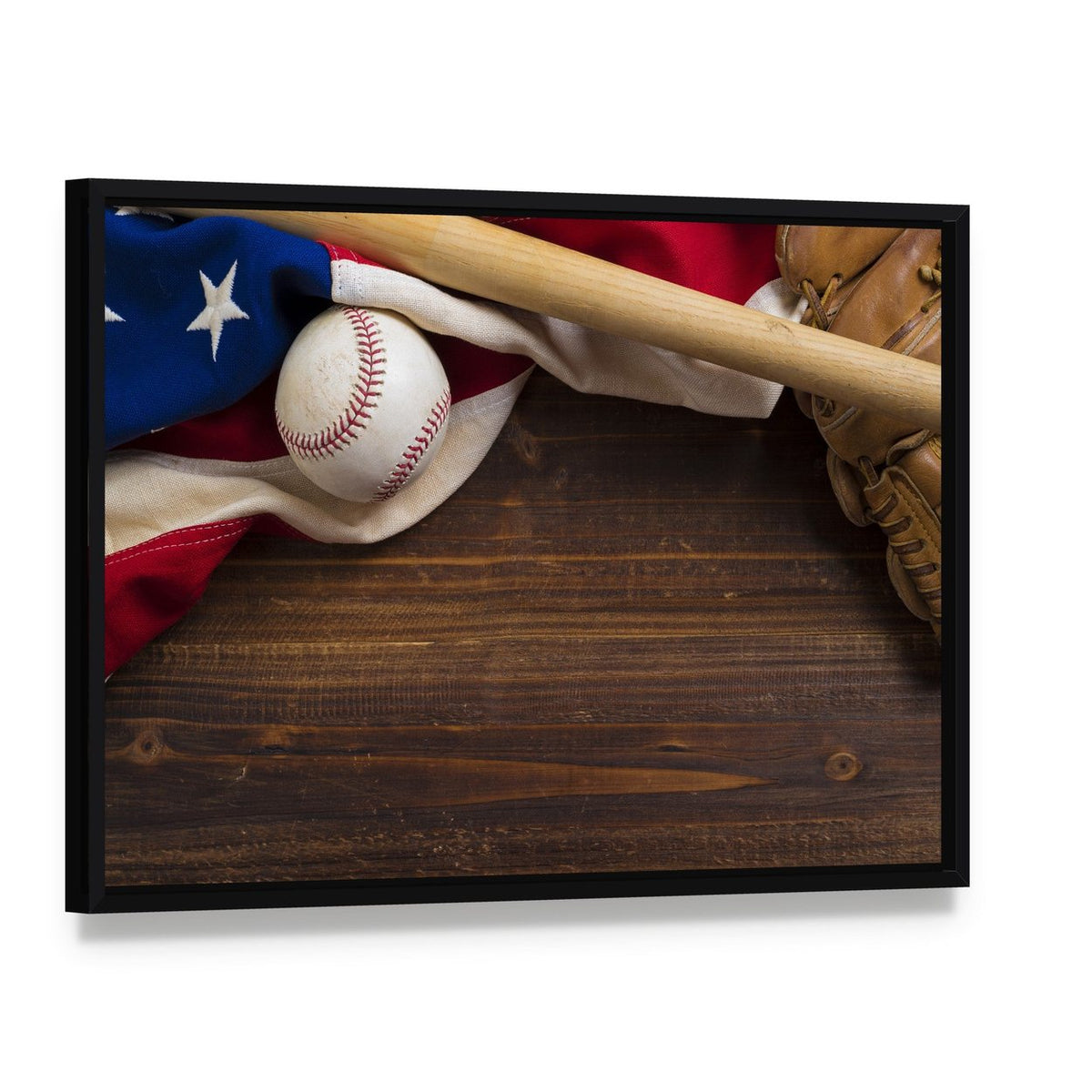 American Flag with Baseball Canvas Wall Art, framed canvas in a black floater frame, angled product view
