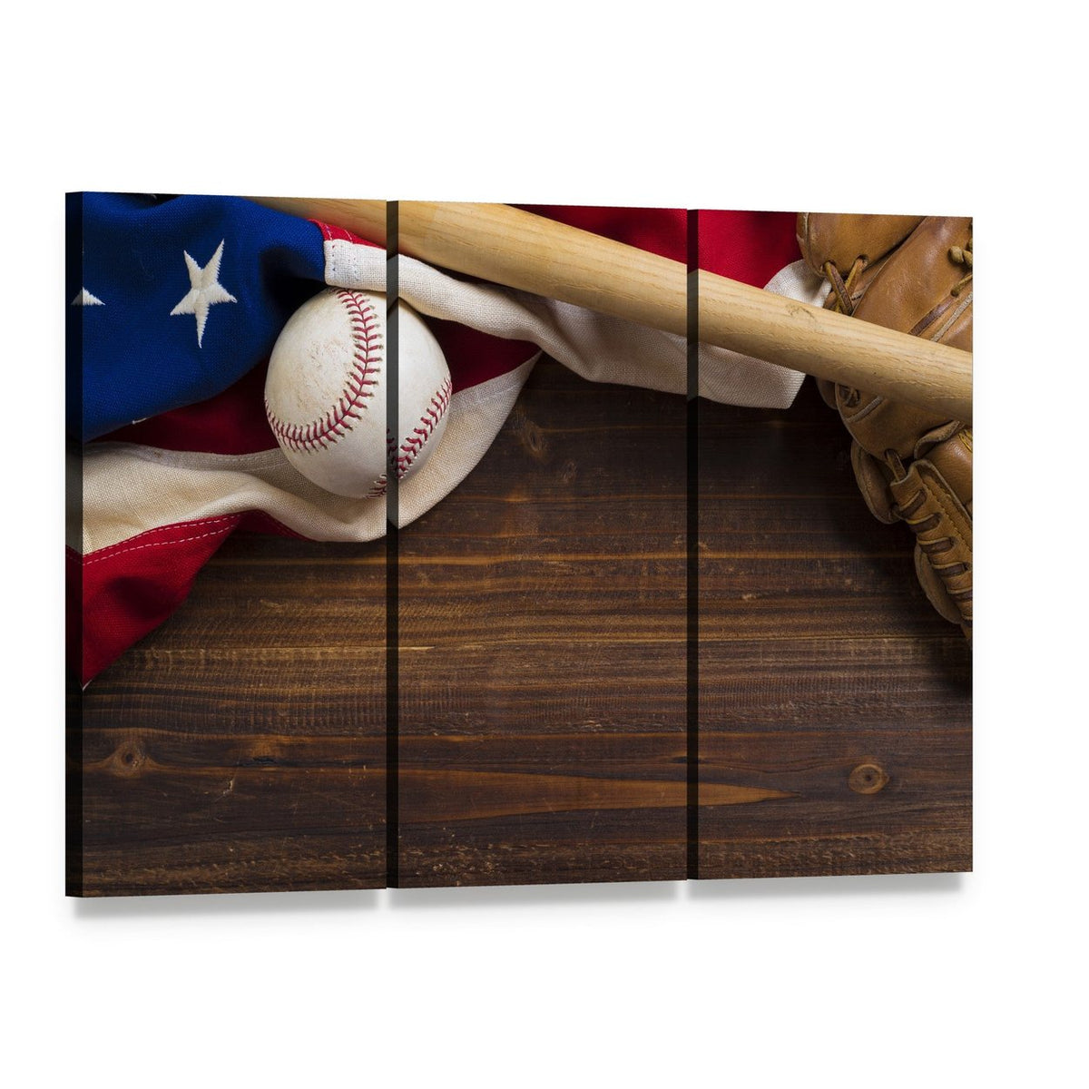 American Flag with Baseball Canvas Wall Art, 3 panel 3 Horizontal layout gallery wrapped canvas set, angled product view