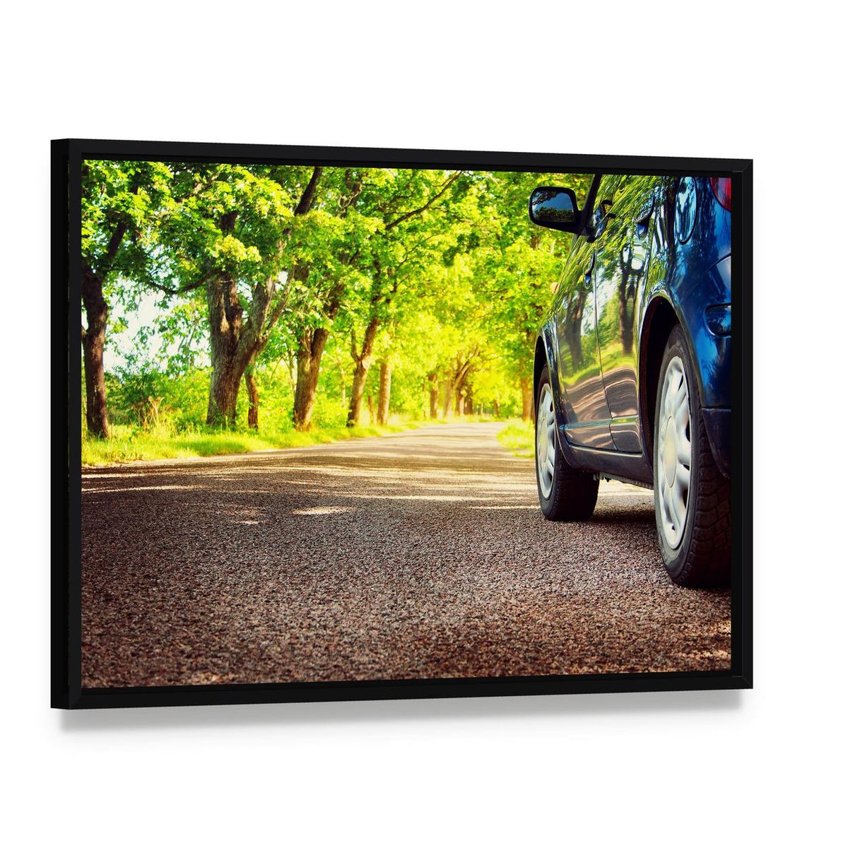 Car on Asphalt Road Canvas Wall Art, framed canvas in a black floater frame, angled product view