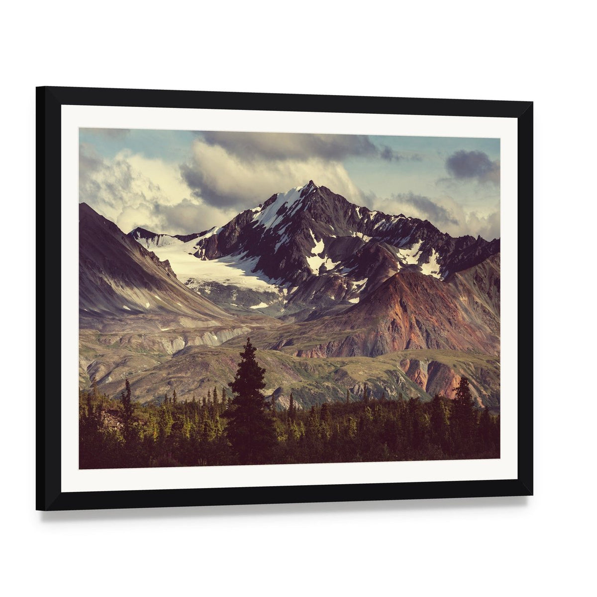 Denali Mountain Alaska Canvas Wall Art, framed print with white mat and black frame, angled product view