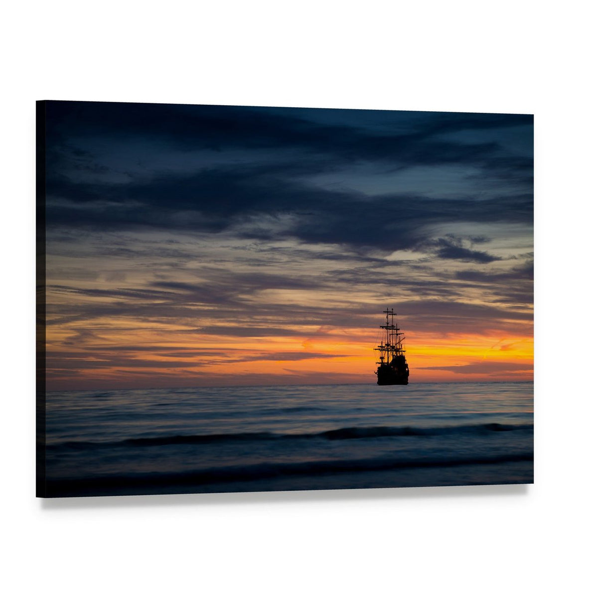 Pirate Ship at Sunset Canvas Wall Art, single panel gallery wrapped canvas, angled product view