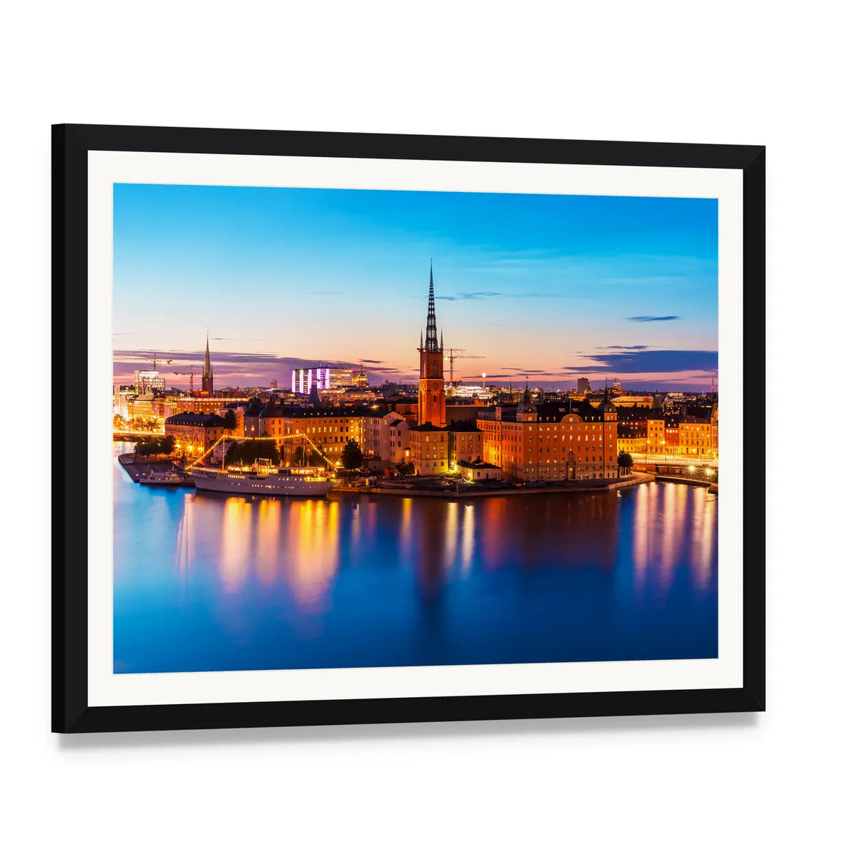 Gamla Stan Waterfront at Dusk Canvas Wall Art, framed print with white mat and black frame, angled product view