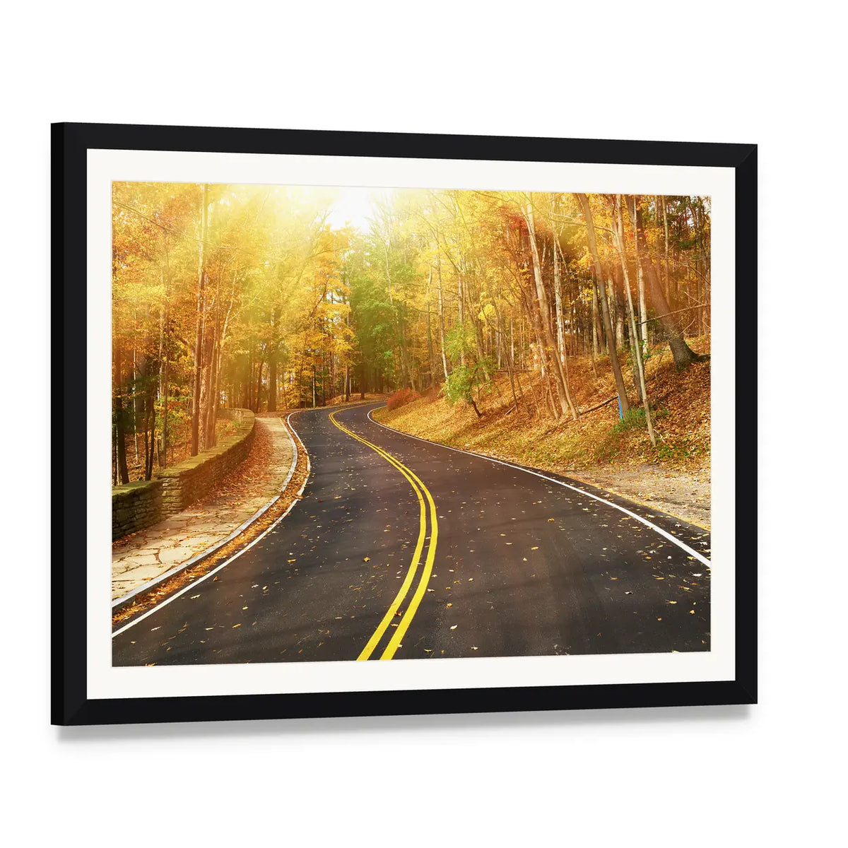 Autumn Road Through Sunlit Trees Canvas Wall Art, framed print with white mat and black frame, angled product view