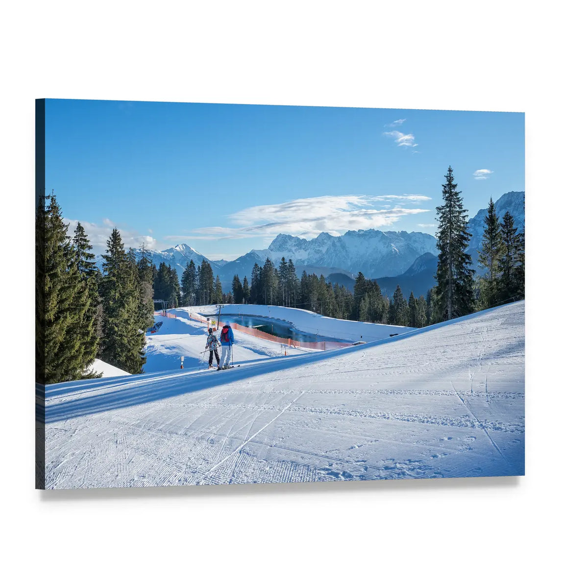 Skiers on Groomed Mountain Slope Canvas Wall Art, single panel gallery wrapped canvas, angled product view