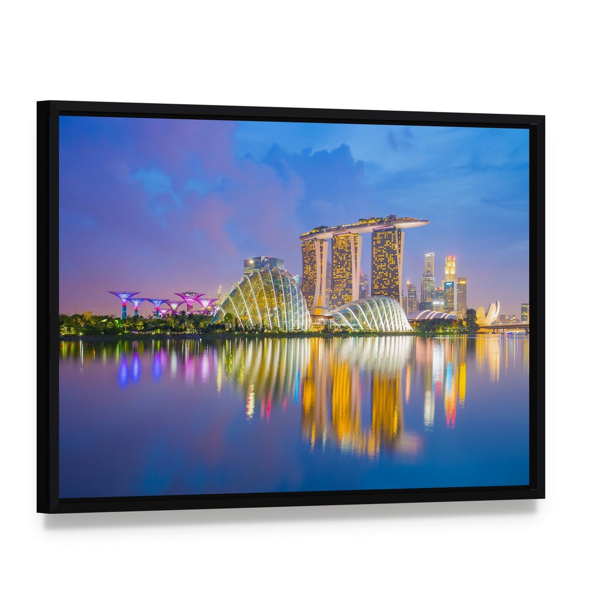 Singapore Skyline at Twilight Canvas Wall Art, framed canvas in a black floater frame, angled product view