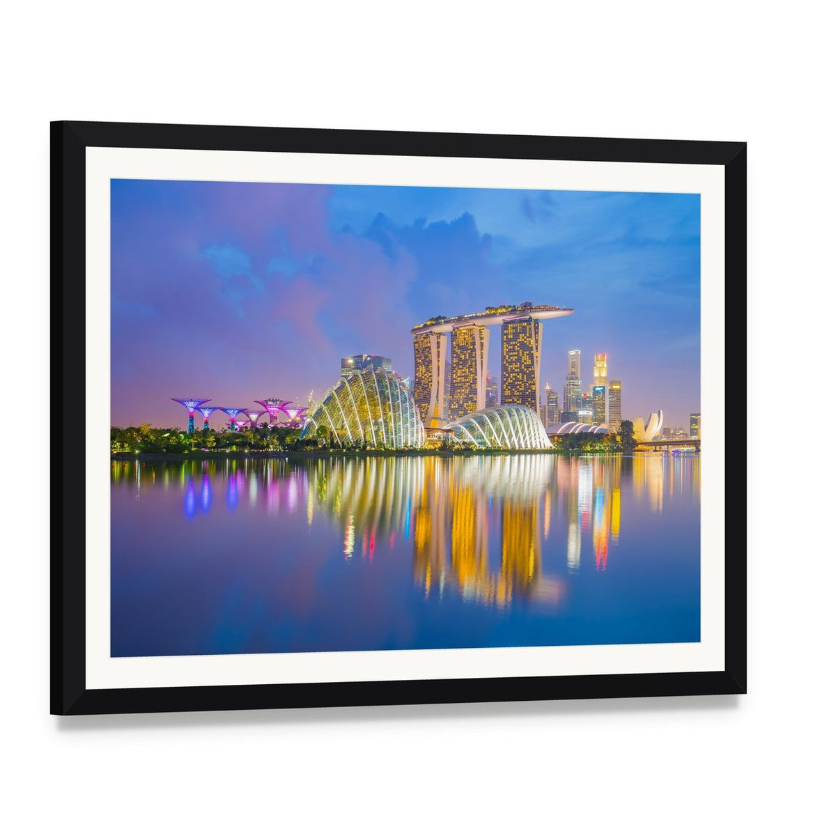 Singapore Skyline at Twilight Canvas Wall Art, framed print with white mat and black frame, angled product view
