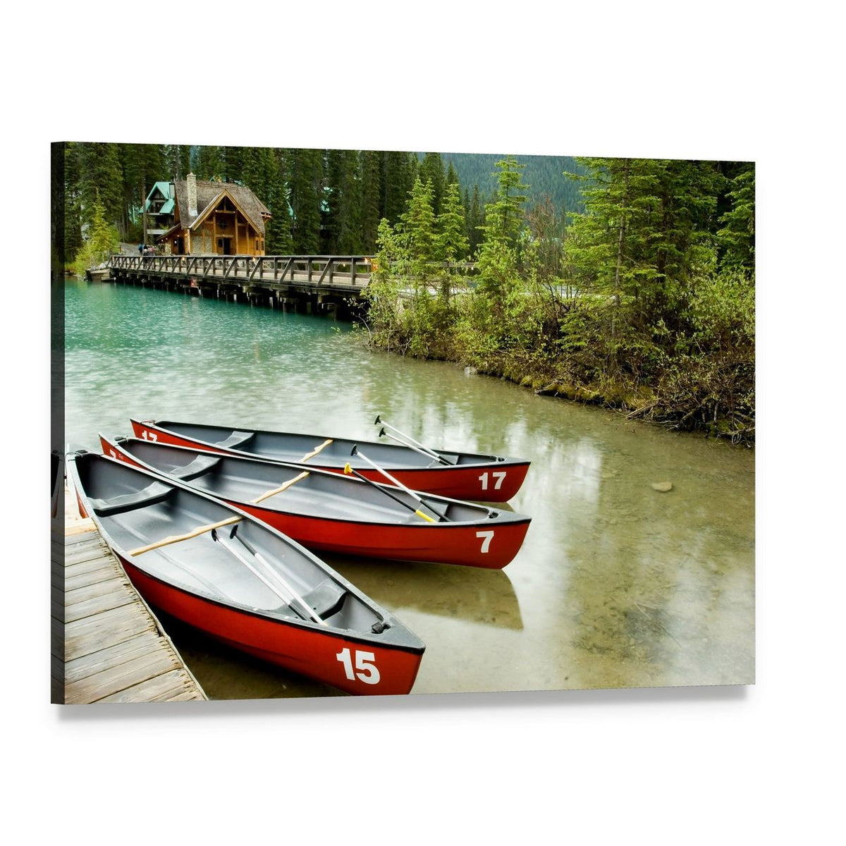 Red Canoes on Emerald Lake Canvas Wall Art, single panel gallery wrapped canvas, angled product view