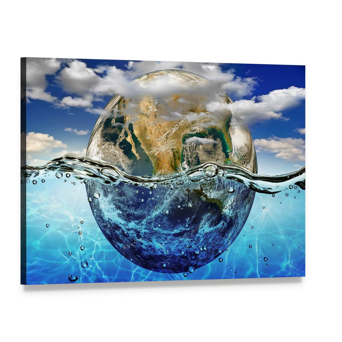 Earth Surrounded by Water Canvas Wall Art, single panel gallery wrapped canvas, angled product view