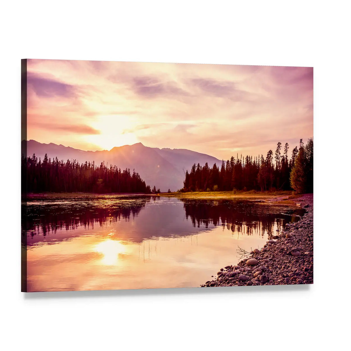 Mountain Lake Sunset with Shoreline Reflection Canvas Wall Art, single panel gallery wrapped canvas, angled product view