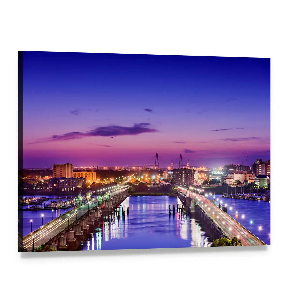 Charleston Skyline at Dusk with Reflections Canvas Wall Art, single panel gallery wrapped canvas, angled product view