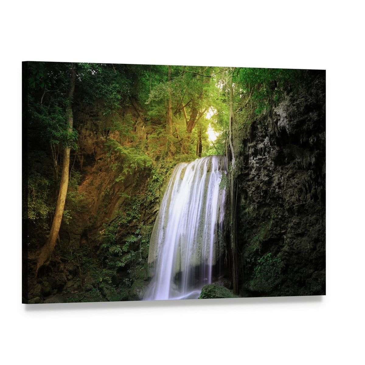 Sunlit Forest Waterfall Canvas Wall Art, single panel gallery wrapped canvas, angled product view