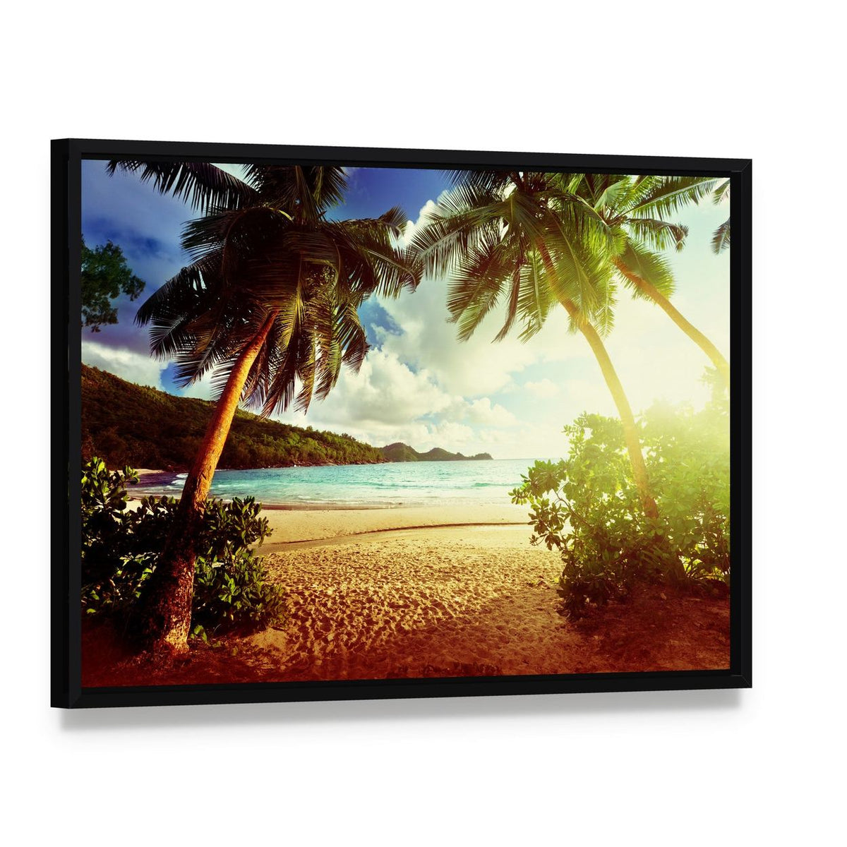 Sunny Day on Green Beach Canvas Wall Art, framed canvas in a black floater frame, angled product view