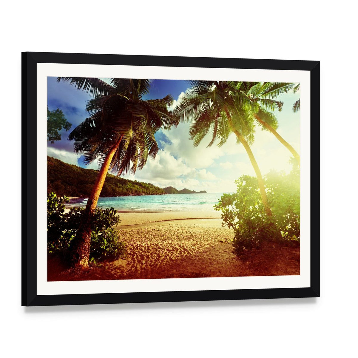 Sunny Day on Green Beach Canvas Wall Art, framed print with white mat and black frame, angled product view