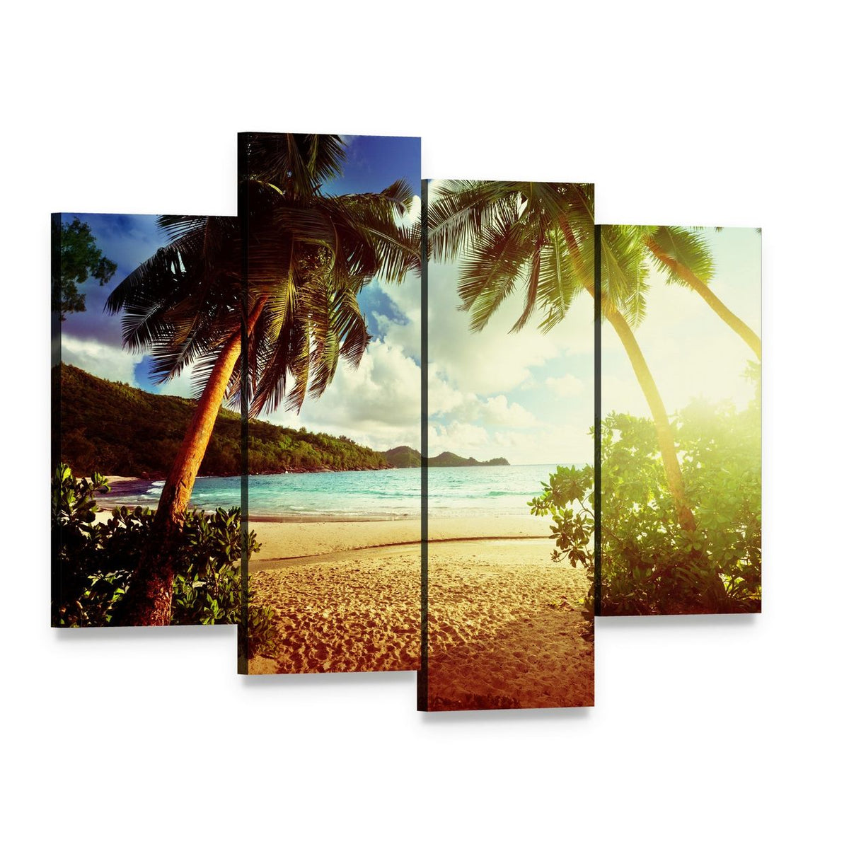 Sunny Day on Green Beach Canvas Wall Art, 4 panel 4 Pop layout gallery wrapped canvas set, angled product view